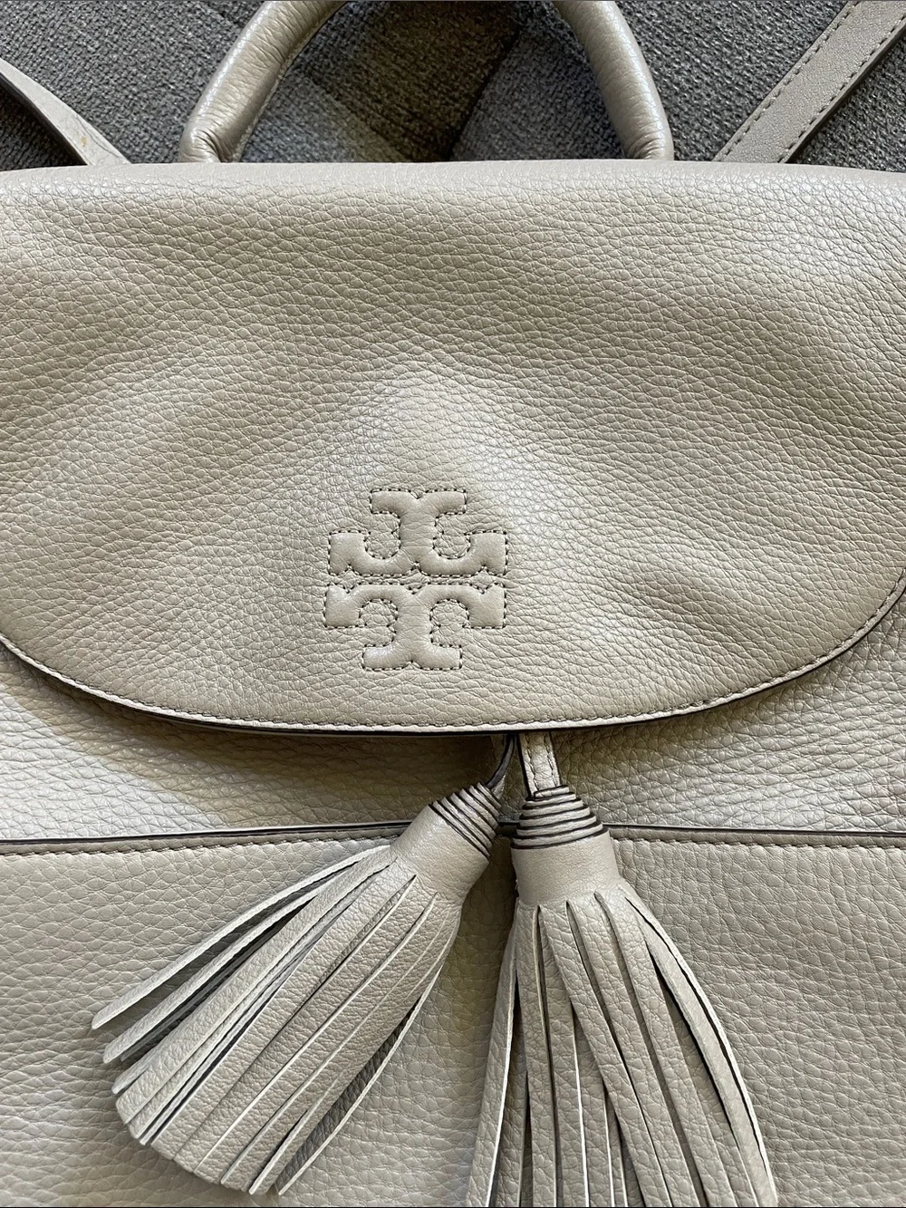 Tory Burch Pebbled Leather Tassel Backpack in Taupe Beige VG Cond